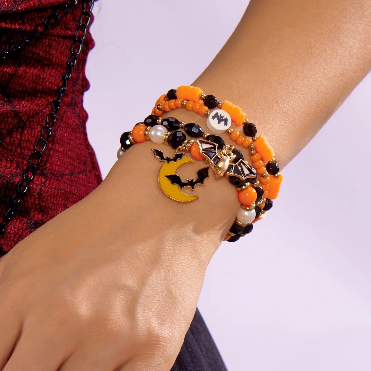 Gothic Multilayer Armband Halloween Schädel Geist Herz Kürbis Fledermaus Spinne Charme Perlen Weichen Ton Kristall Schmuck Für Frauen Männer