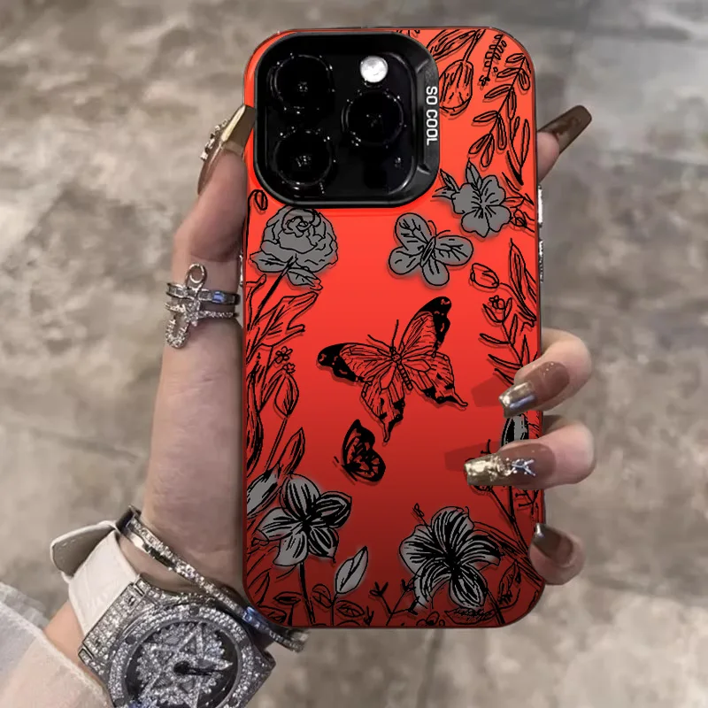 Sketch Flower Butterfly Phone Case for iPhone 11 15 ProMax 12 13 14 Pro X 7/8 Plus XR XSMax Laser Plated Shockproof Bumper Cover image 2