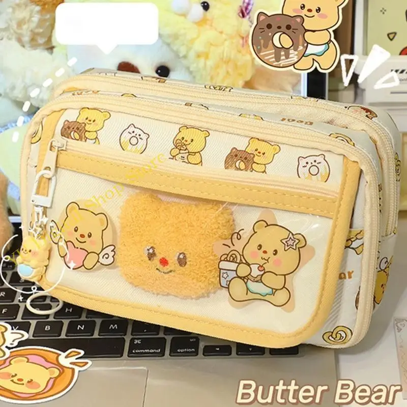 96BA Cartoon Bear Big Capacity Pen Case with Bear Stickers, Note Paper, Bear Keychain, Paper Clamp for Children Girl Student