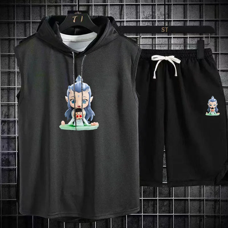 Nezha animation printed hooded vest shorts set spring summer men's suit