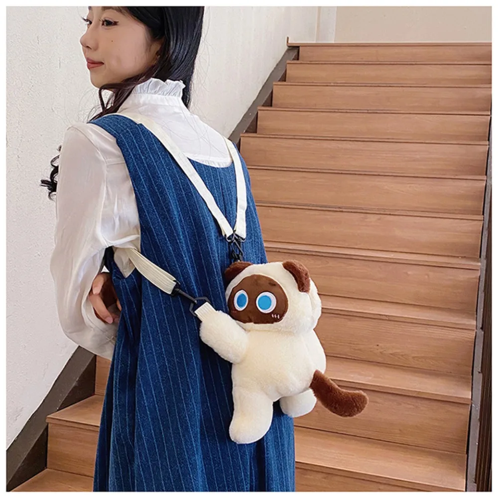 Torba dziecięca 3D w stylu koreańskim, krótki plusz, plecak z czarnym kotem, duża pojemność, wzór z kreskówki, pomarańczowa torba na ramię z kotem.