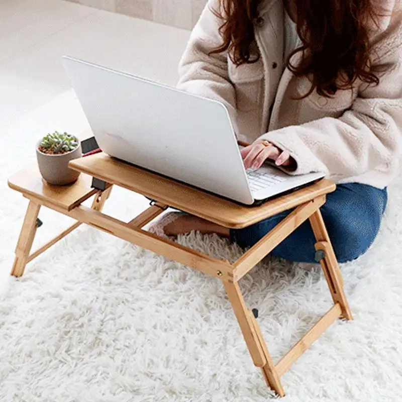 Bamboo Desk With Cooling Fan Adjustable Angles Bed Laptop Table With Cooling Fan Laptop Bed Desk Foldable Tray Drawer For Home