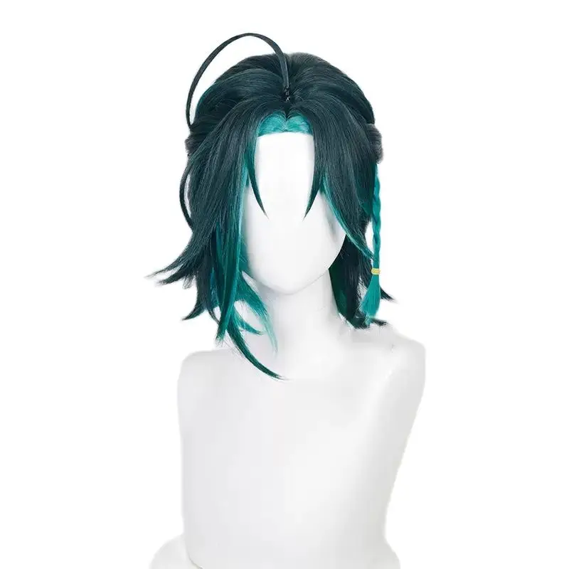 Pre Sale Game Genshin Impact Xiao Cosplay Wig Comic Xiao Short Braided Green Ponytail Simulated Scalp Heat Resistant Party Wigs