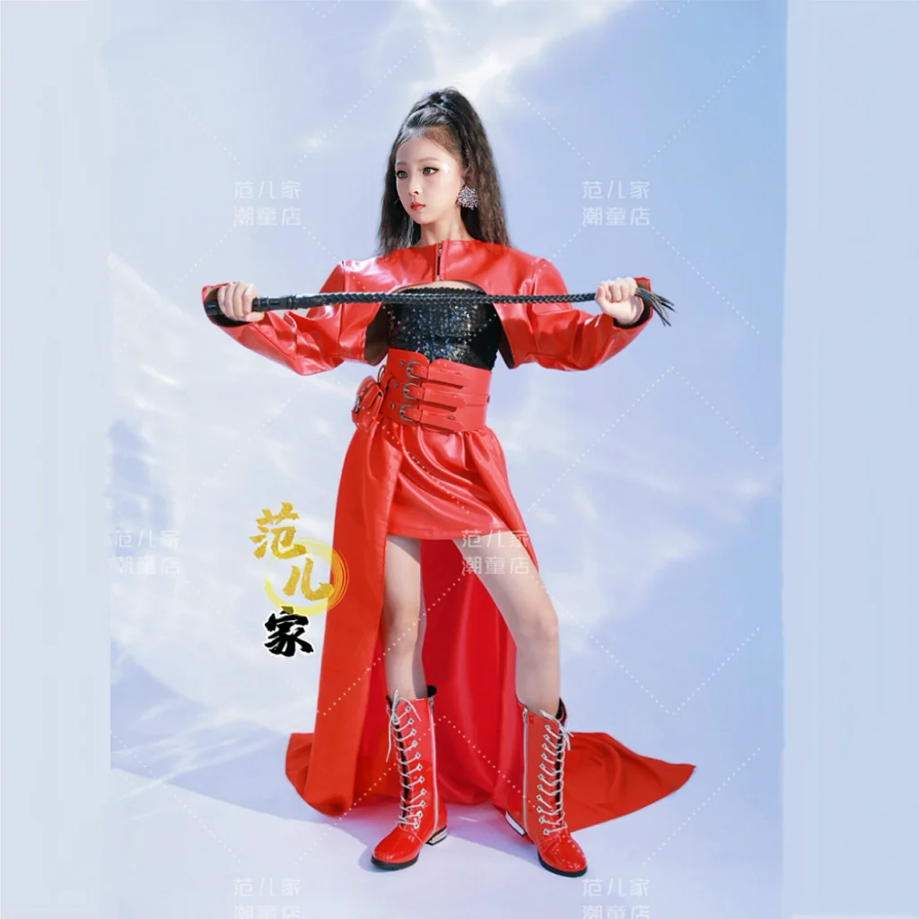 Roter Kinderanzug Mädchen Kpop Outfit Partykleid für Kinder Hip Hop Street Dance Ballkleider Jazz Dance Performance Anzug Bühnenshow