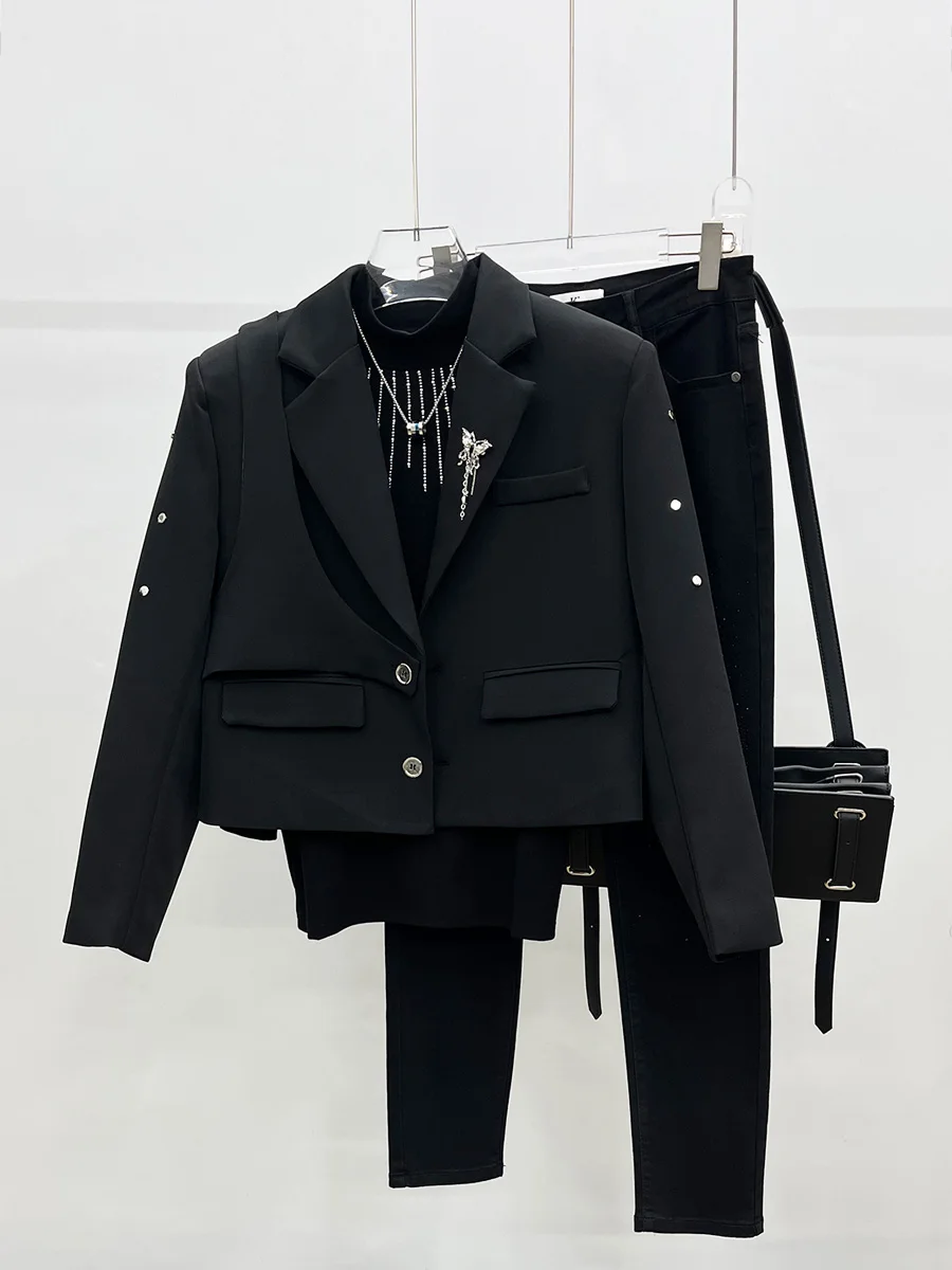 

Korean Faion Heavy Metal Decorated ort oulder Padded Suit Jaet Casual Sle Long Sve Youth Trend Autumn Wear