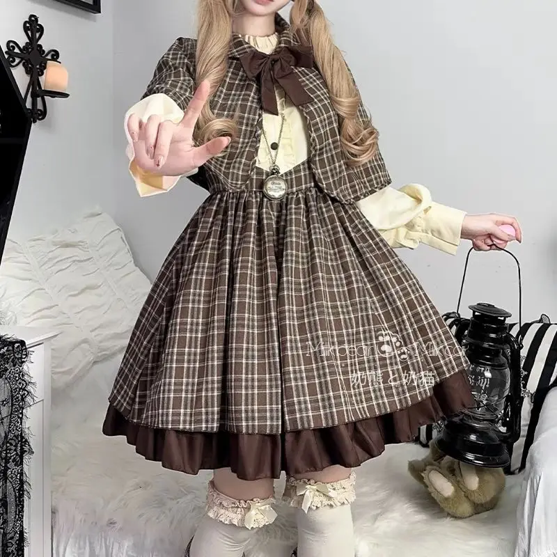 ชุดคอสเพลย์นักสืบฮาโลวีน ชุดมินิเดรสปาร์ตี้สไตล์พังก์ Y2k ชุดสไตล์พรีปปี้ ชุดโลลิต้ากอธิค ชุดเดรสลายสก็อตพร้อมเสื้อคลุมสำหรับผู้หญิง