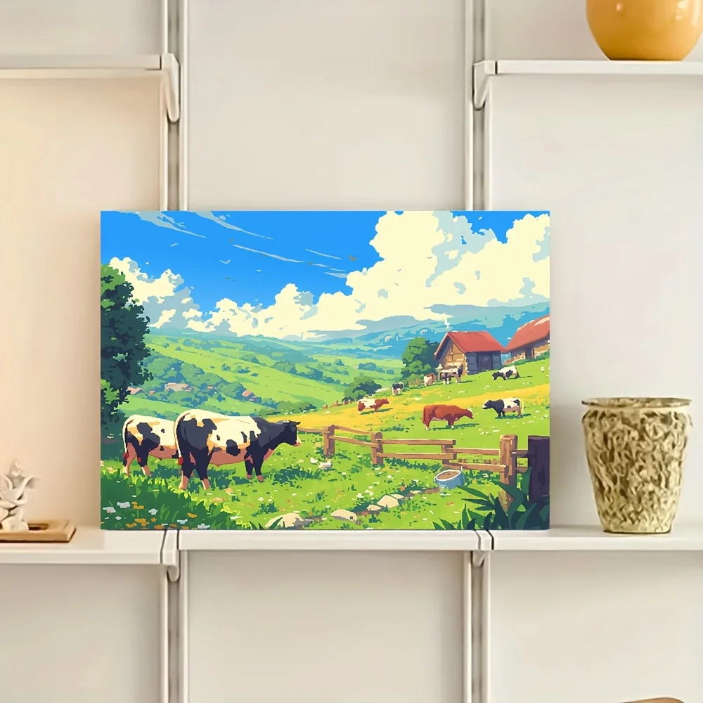 

DIY oil painting, digital painting, cowherd grassland canvas painting, wall art, ideal gift and home decoration