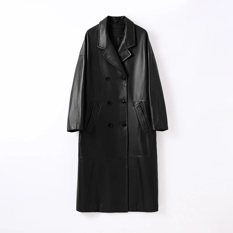 Women Real Sheepskin Leather Coats Double Breasted Straight Long Trench Coat Jackets Solid Loose Streetwear 2022 Winter FG5067