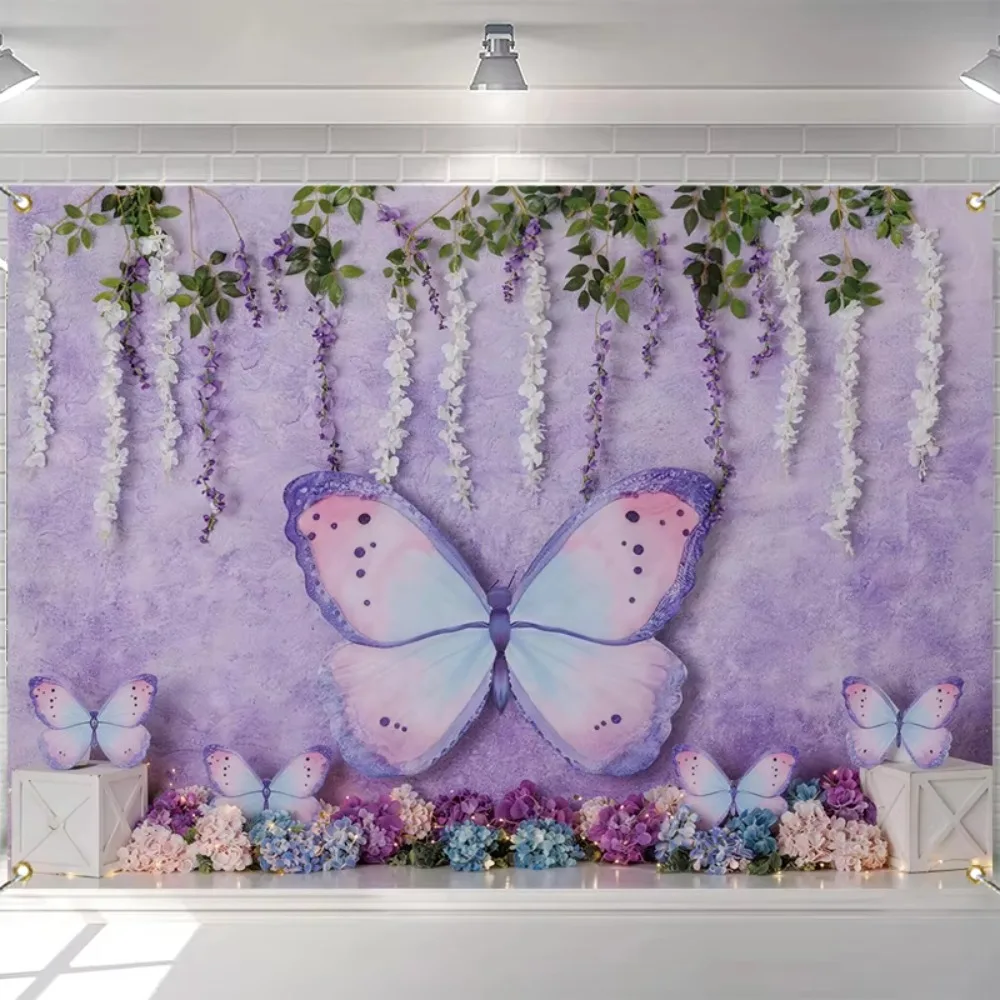 Spring Colorful Purple Butterfly Garden Theme Banner Decoration Background, Birthday Party, Home Decoration Photography Backdrop