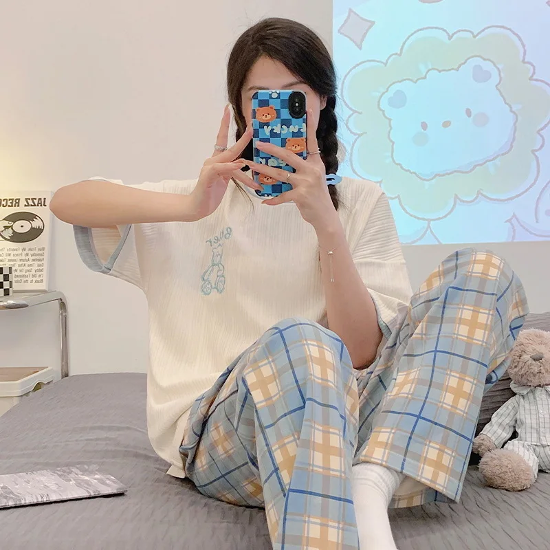 Summer Women's Thin Cotton Pajamas Round Neck Short Sleeve Pants Cute Cartoon Home Clothing Set Sweet Girls Oversized Sleepwear