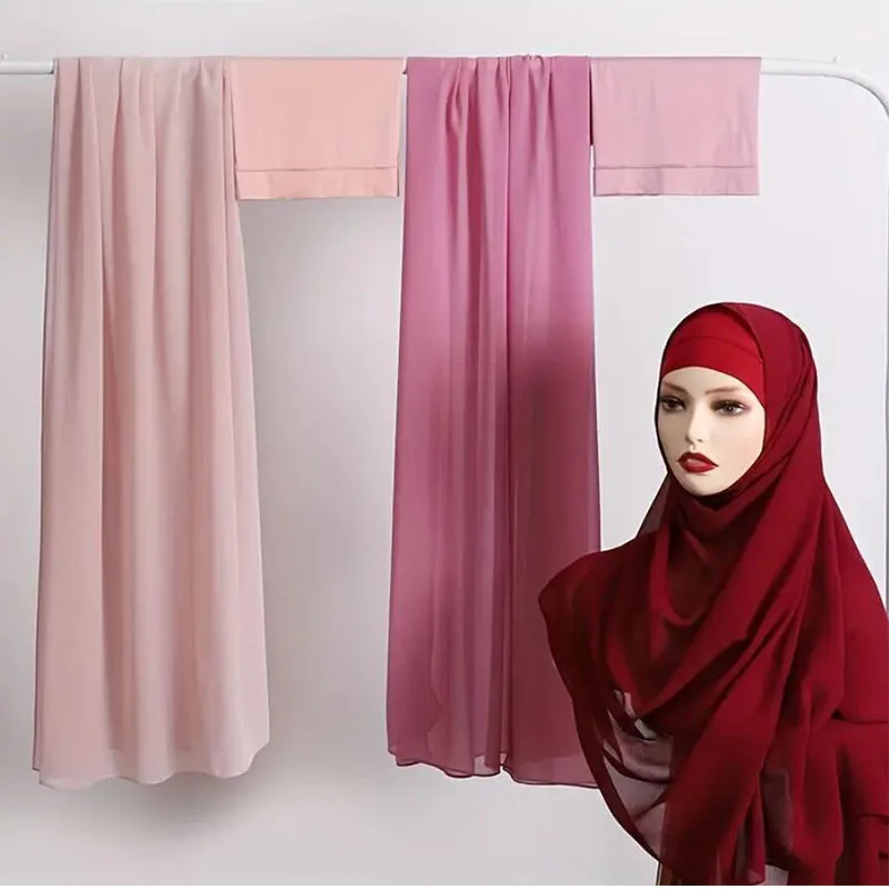 2 Pcs Set Headwear Women Chiffon Scarf Tube Undercap Basic Thin Breathable Hijab with Elastic Inner Hijab Cap Combination