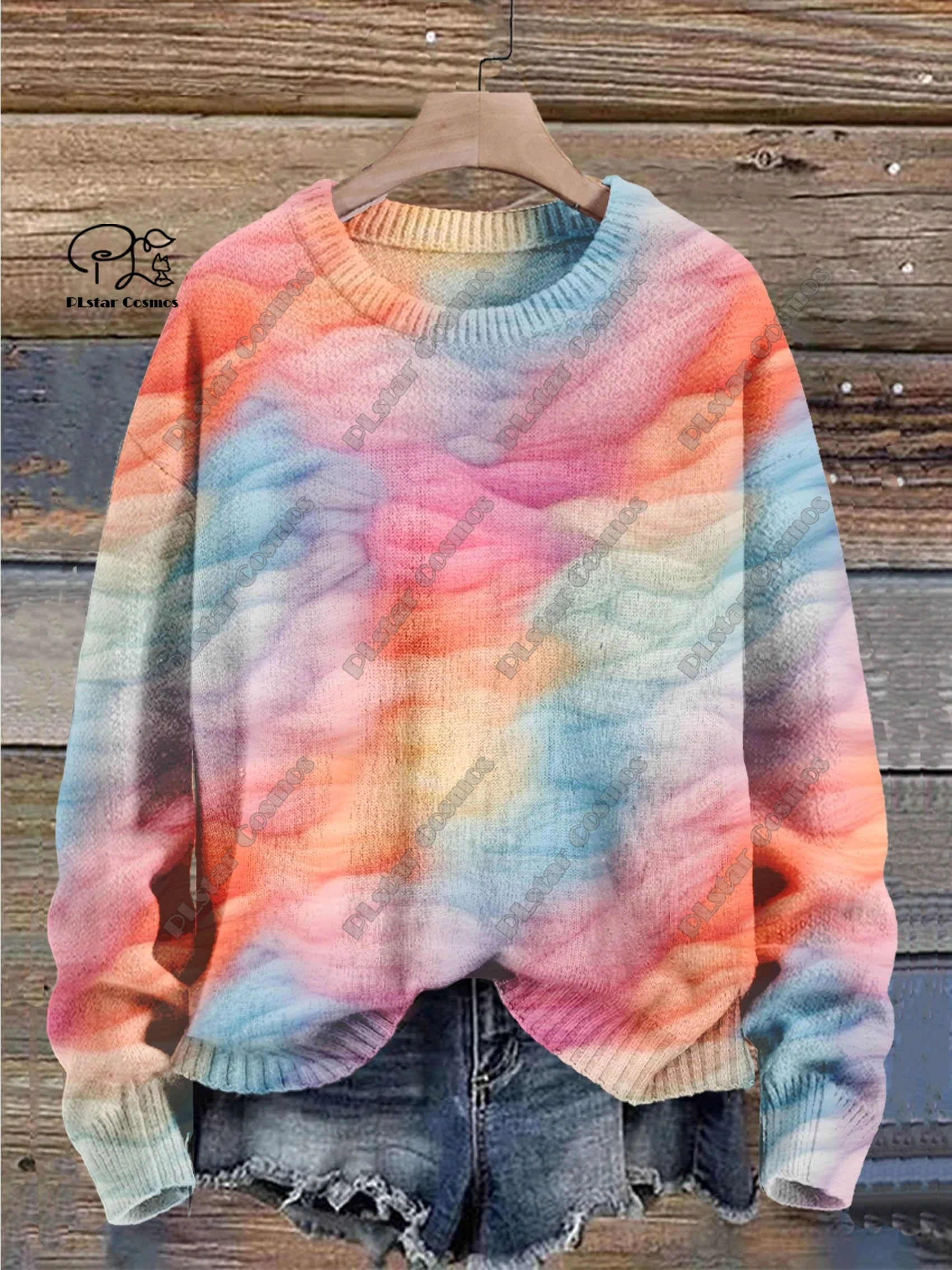 

PLstar Cosmos new 3D printing retro series geometric splicing gradient pattern ugly sweater winter street casual unisex f-2