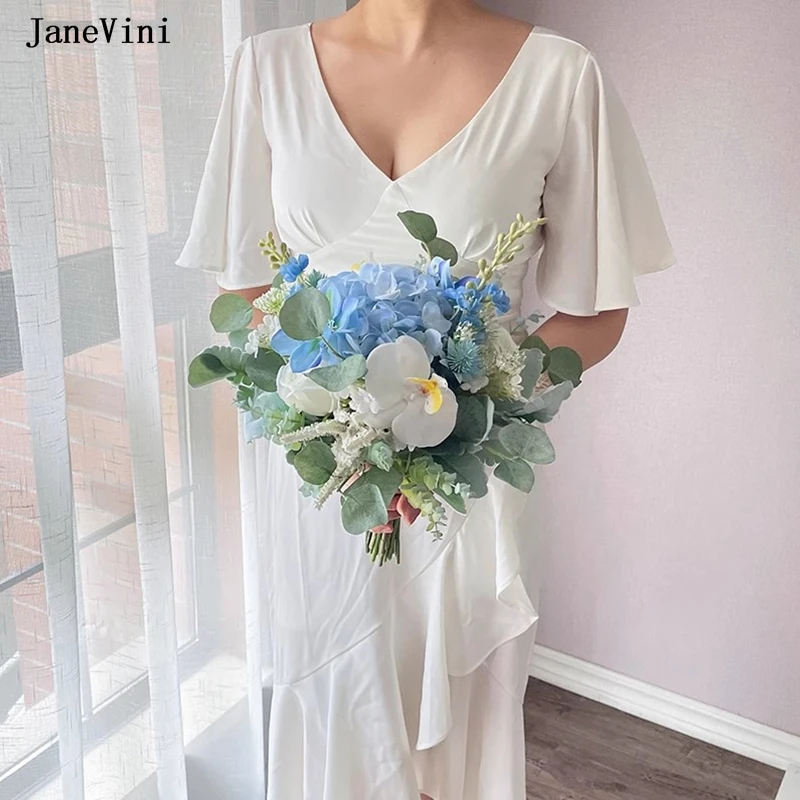 

JaneVini Summer Blue White Elegant Bridal Bridesmaid Bouquets Artificial Silk Roses Eucalyptus Wedding Bouquet Flowers for Bride