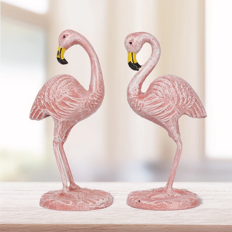 Cast Iron Pink Flamingo Birds Pair Statues 6.5 Inch For Home Indoor Outdoor Garden Tabletop Decor Wrought Iron Standing Flamingo