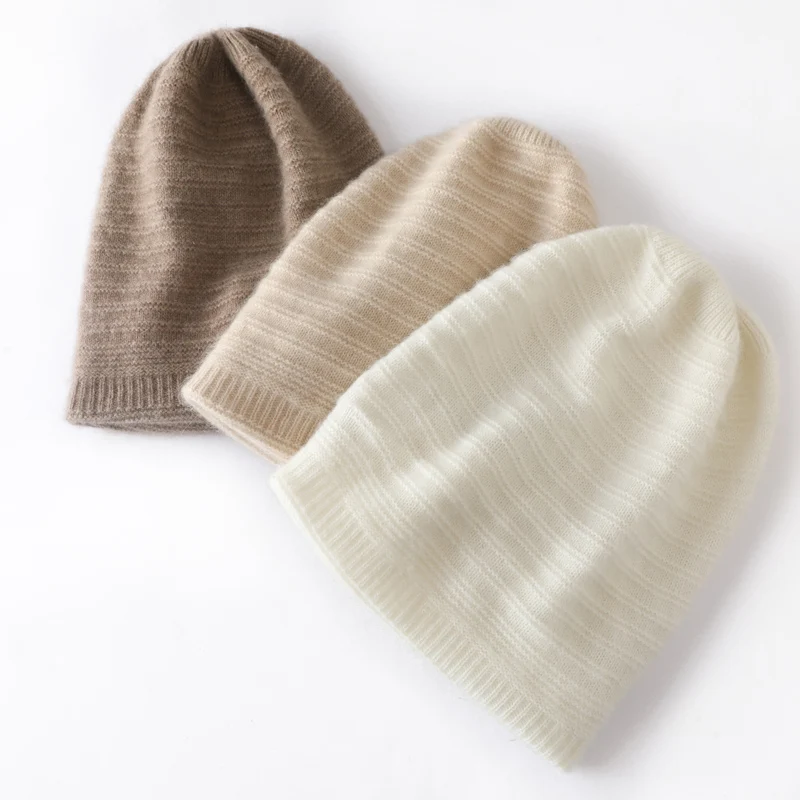 Female Hat 100% Goat Cashmere Knitted Hooded 3Colors Soft Keep Warm Hats For Ladies HG01