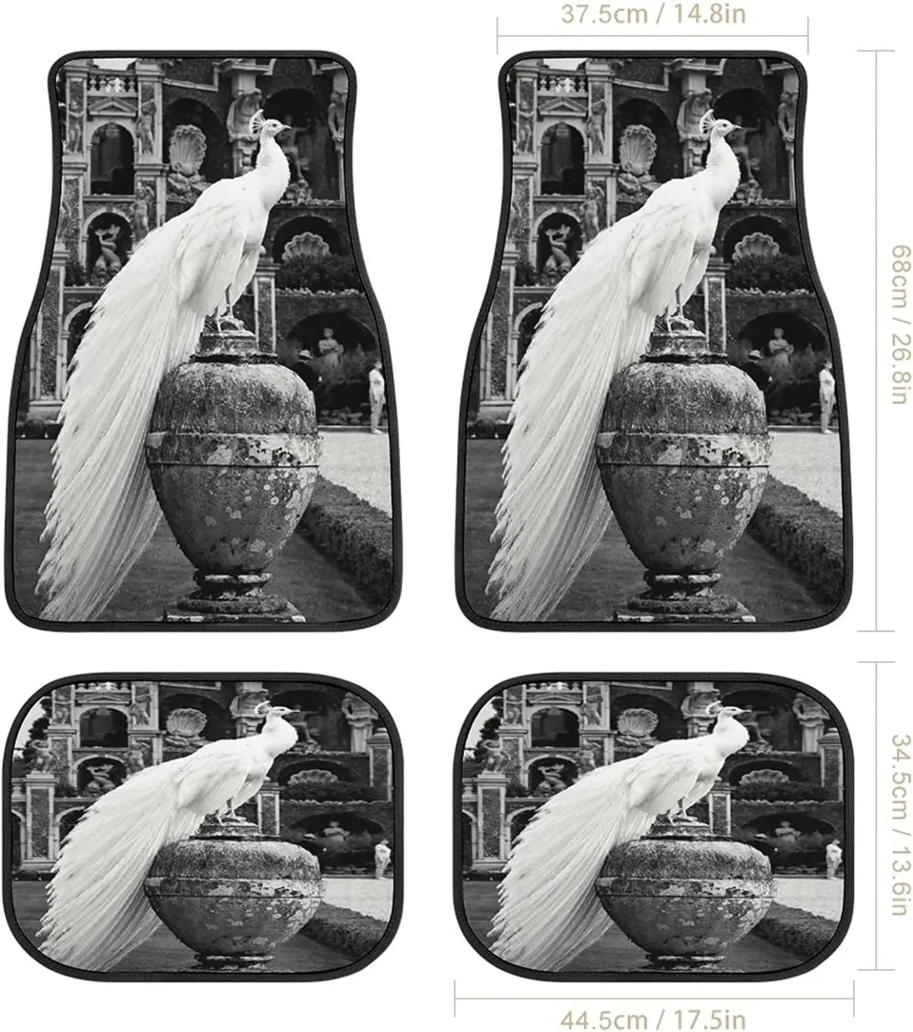 Vintage Animal Car Mats Elegant White Peacock Black and White Art Universal Fit Car Floor Mats Fashion Soft Waterproof Car Carpe