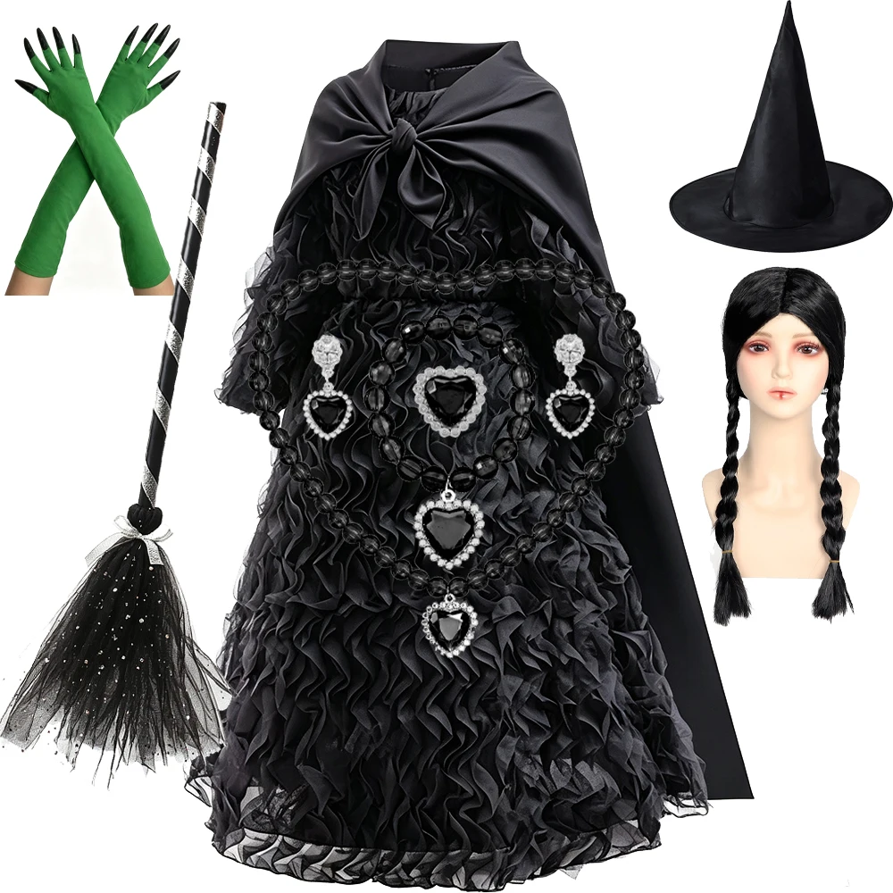 Schwarzes Hexenkostüm für Mädchen, gerüschtes Tüllkleid mit Umhang, langärmeliges gotisches Abendkleid für Kinder, Halloween, Karneval, Geburtstagsfeier – Detail 14