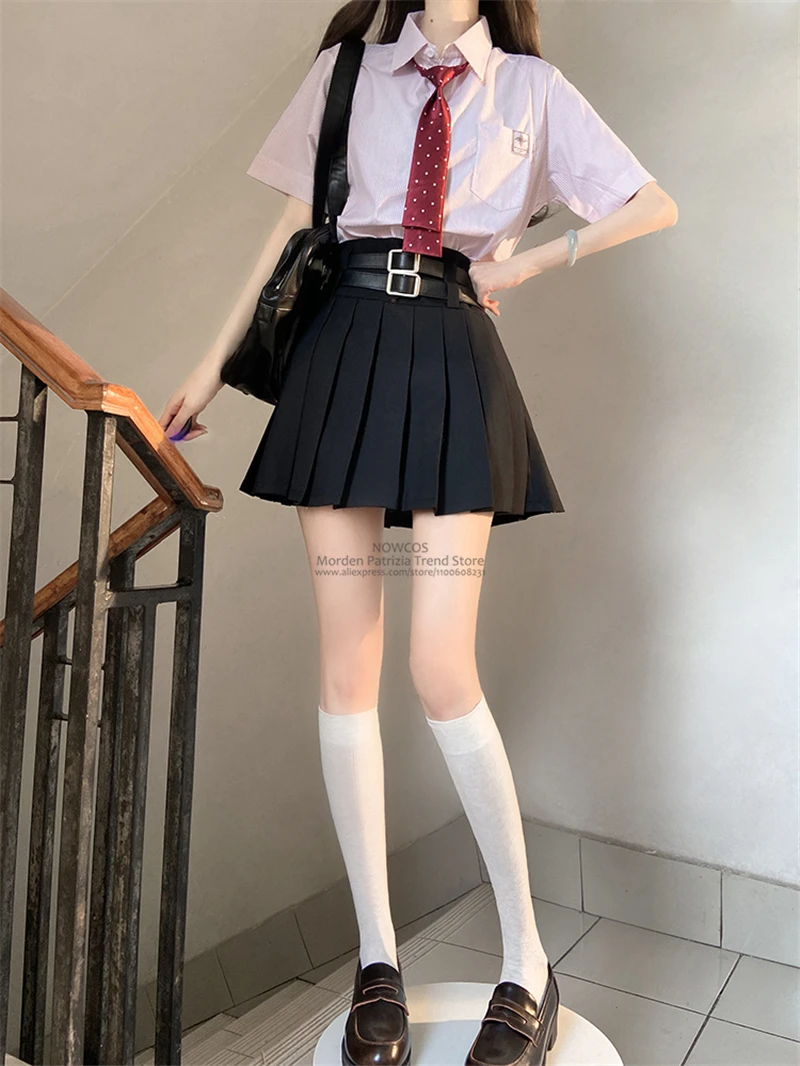 New Double Belt Pleated Skirt for Women Hot Girl 2024 Summer Autumn American Korean School Uniform A-line Short Skirt Chic Slim