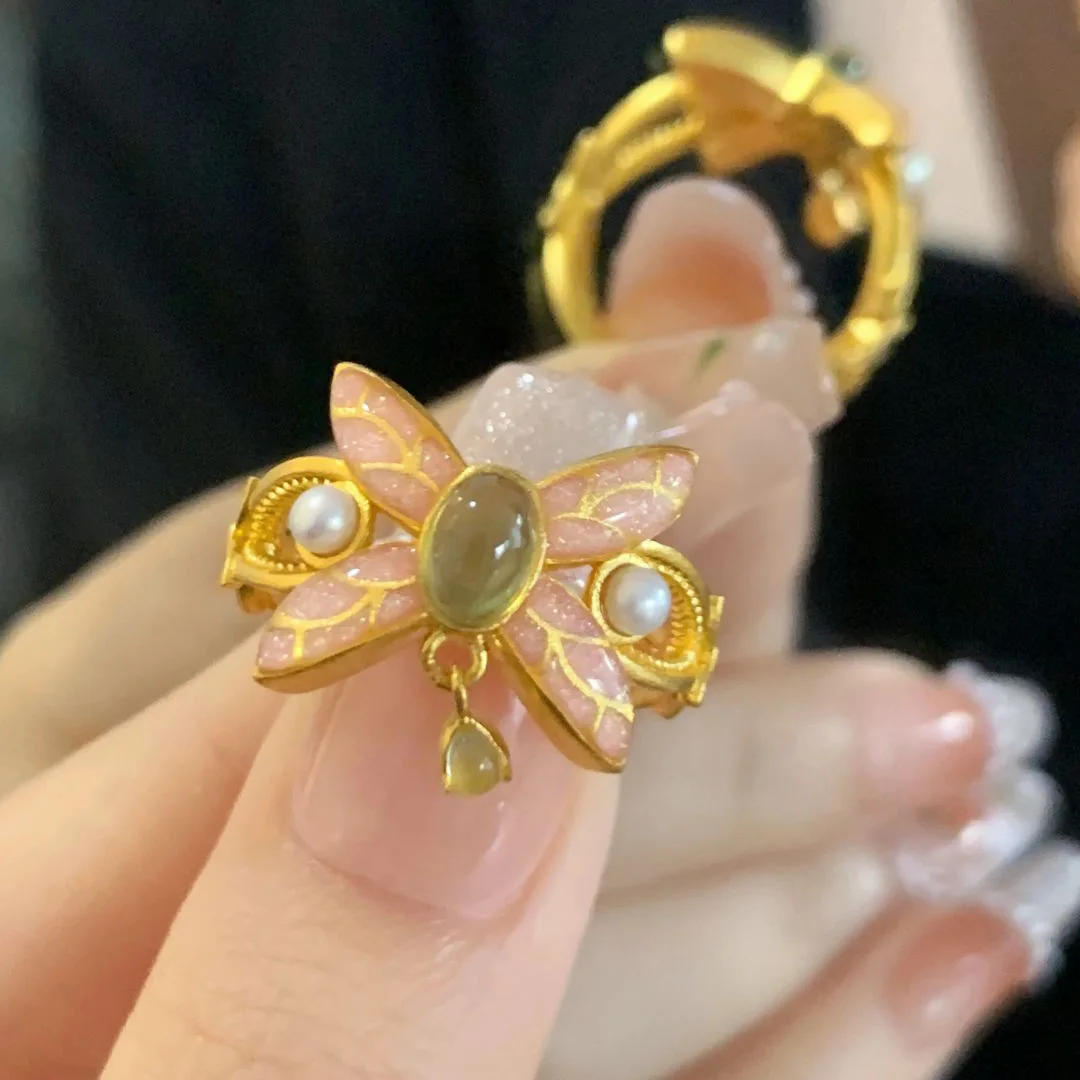 Light luxury diamond studded romantic enamel powder rings for women art butterfly ring fashion palace style jewelry gift