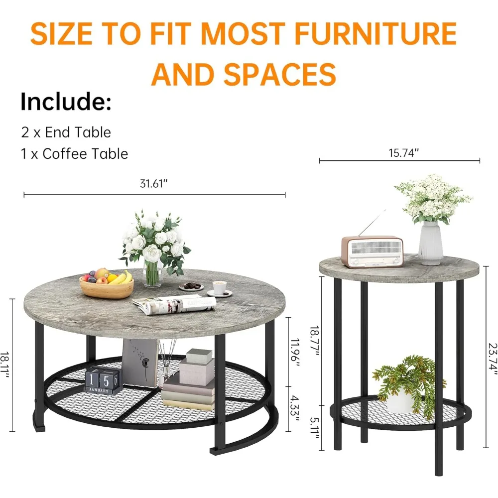 Wooden Modern Rustic 3-Piece Living Room Furniture Set: Coffee and End Tables