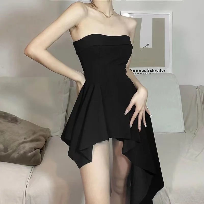 

Women Sexy Black Strapless Dress, Irregular Slim Fitting Style, Slim Waist, Night Club Party Dress