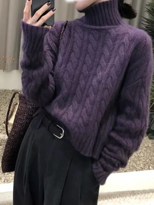 Autumn and winter thick twist women's semi-high neck short knitted cashmere sweater loose sweater bottoming shirt