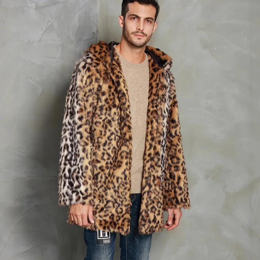 Mens Clothing New Leopard Print Mens Hat Throwing Plush New Imitation Fur Coat Autumn and Winter