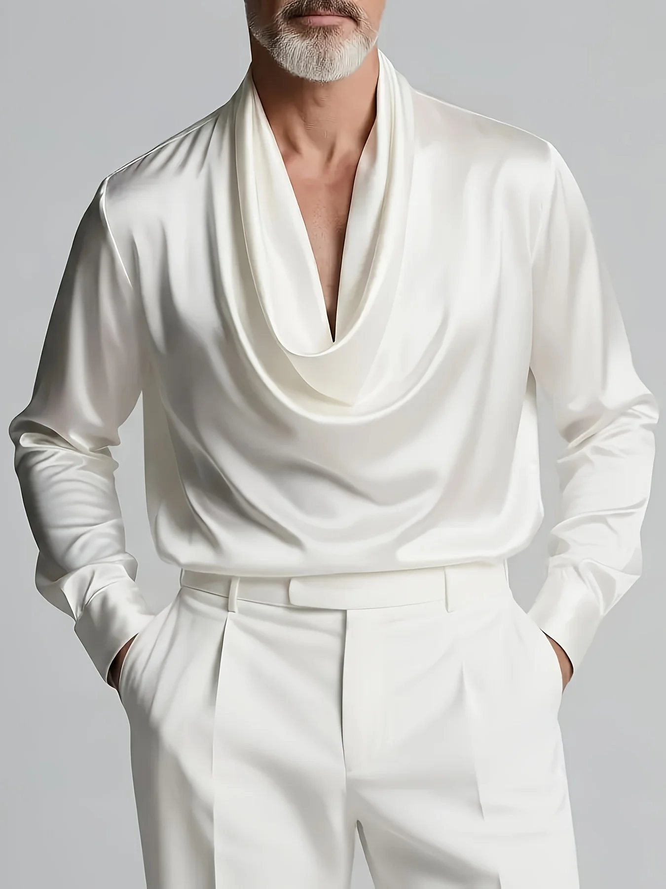 

Men's Evening White Satin Cowl Neck Long Sleeve Shirts