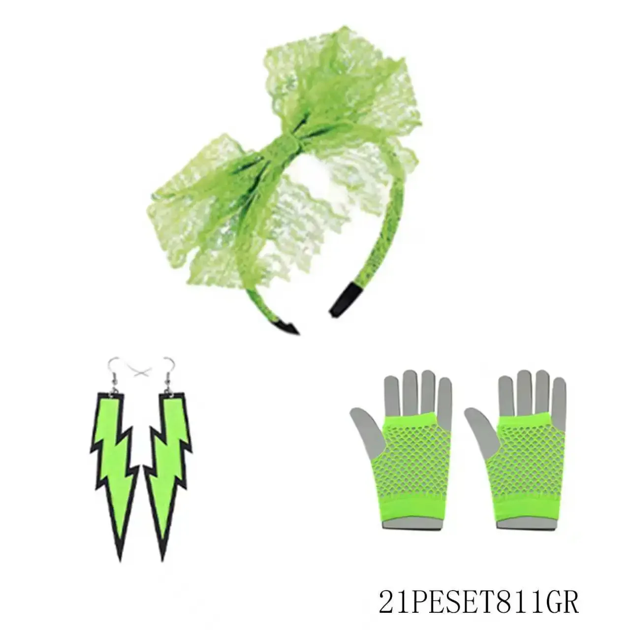 80s Neon Costume Kit 6 Combinations, Retro Headband Lightning Earrings & Fishnet Gloves
