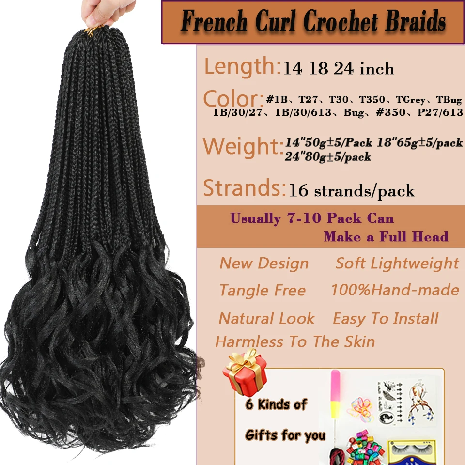 24”18” French Curl Crochet Braids Synthetic Goddess French Curly Box Braids Crochet Hair Extensions French Curls Braiding Hair