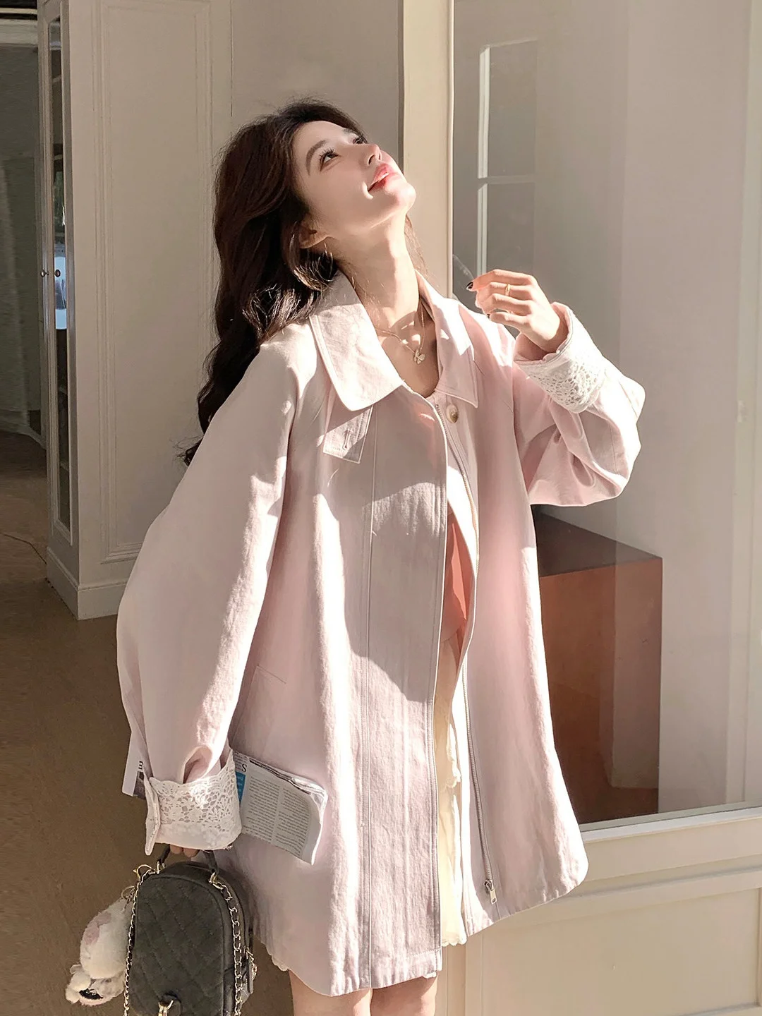 

Pink Sweet Beautiful Women's Mid-Length Lace Splice Coat Spring New Korean Style Commute Style Standard Fit Long Sleeve Jacket