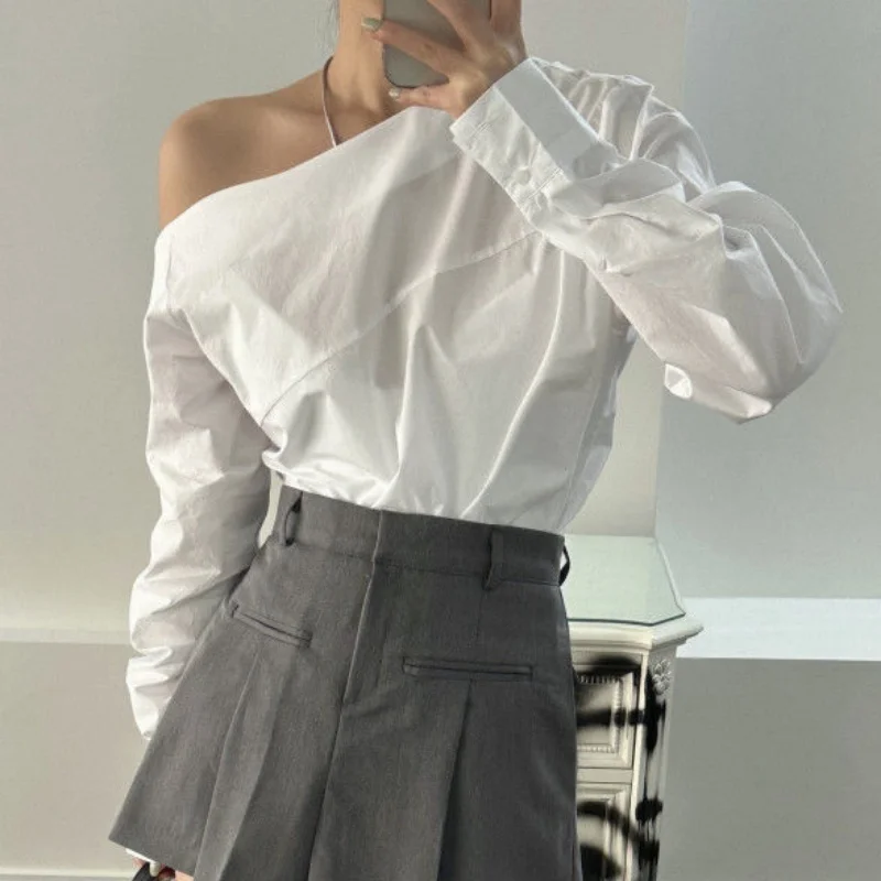 Fashion New White Women Blouse Sexy Off Shoulder Long Sleeve Shirt Office Lady Elegant Casual Cotton Tops