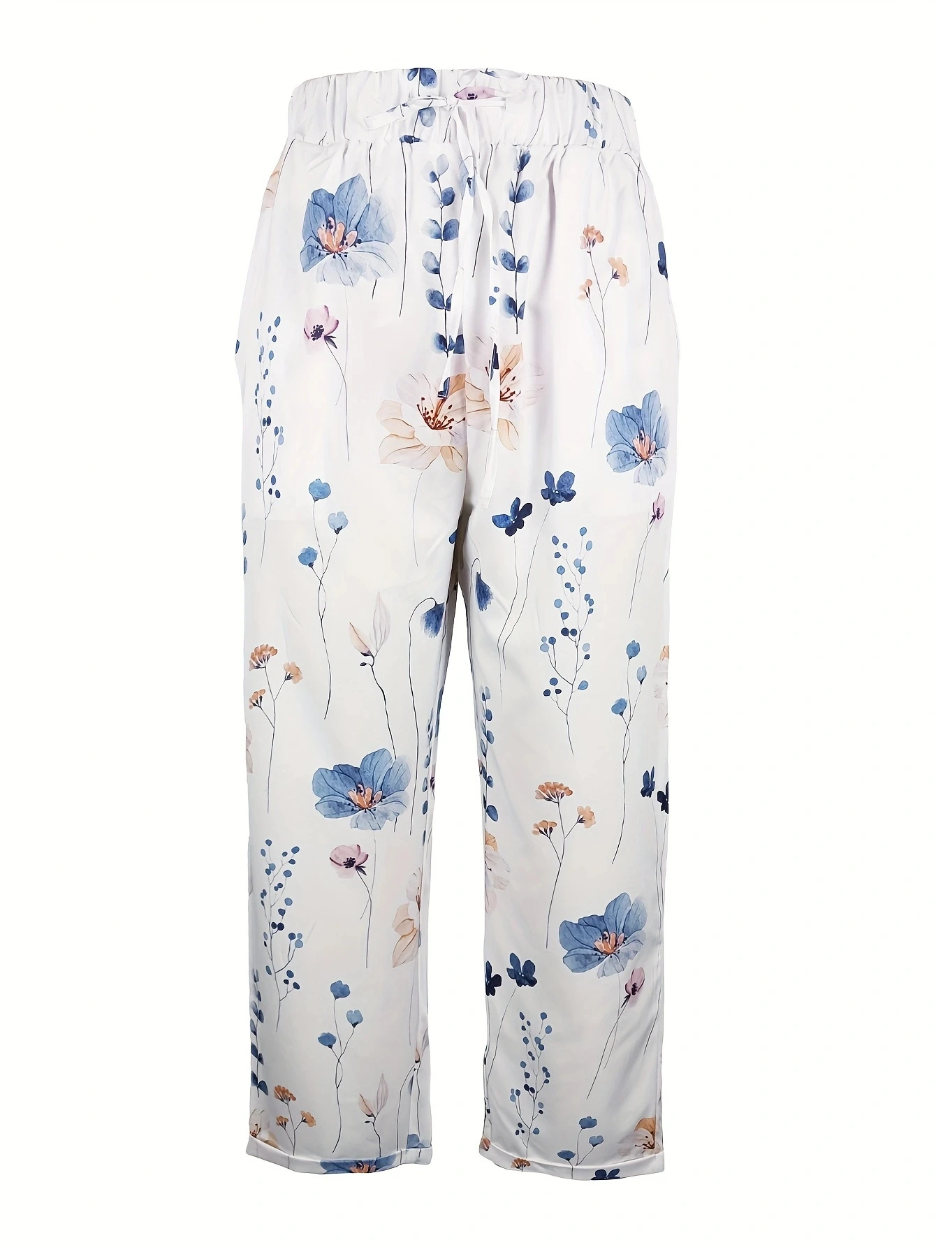 Women Fashion Elastic Waist Long Trousers Pockets Casual Floral Printed Loose Female Elegant All-Match Straight Pants New