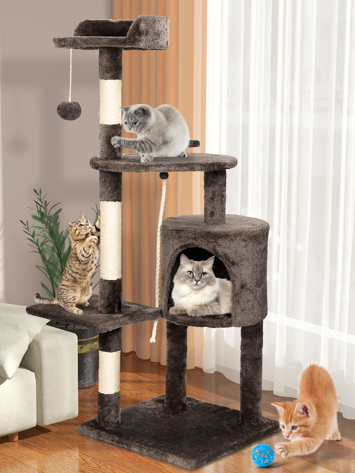 SKSBTF Katzenbäume, Turm-Katzen-Klettergerüst für Hauskatzen mit Kratzbäumen, Katzenhaus, gepolsterte obere Sitzstangen und Eigentumswohnung, Katzenspielzeug