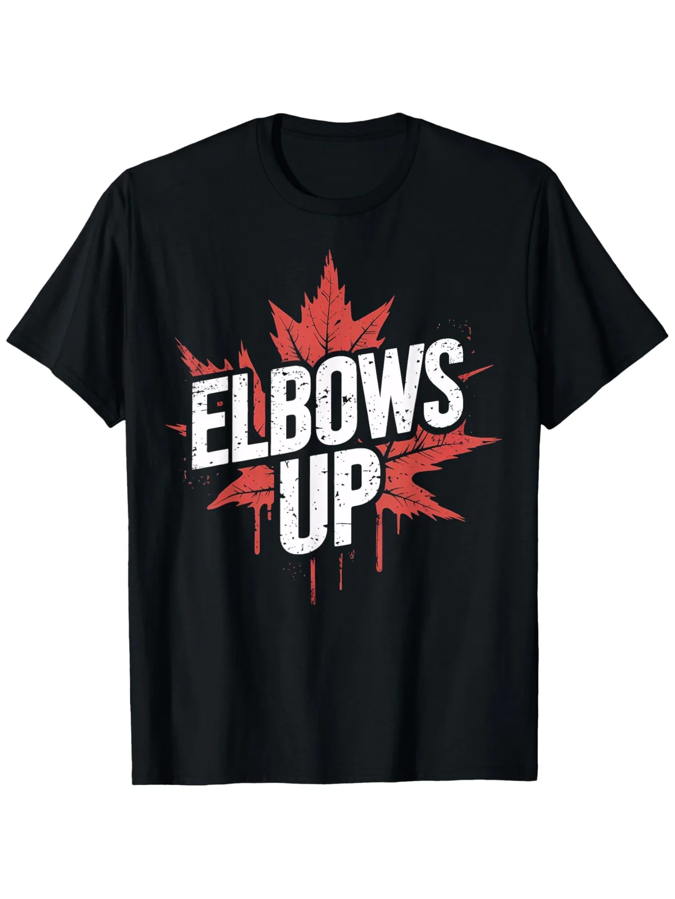 

Elbows Up Canada Vintage Pattern T-Shirt - "Not for Canada" Ripped Maple Leaf Design, Black with Red an