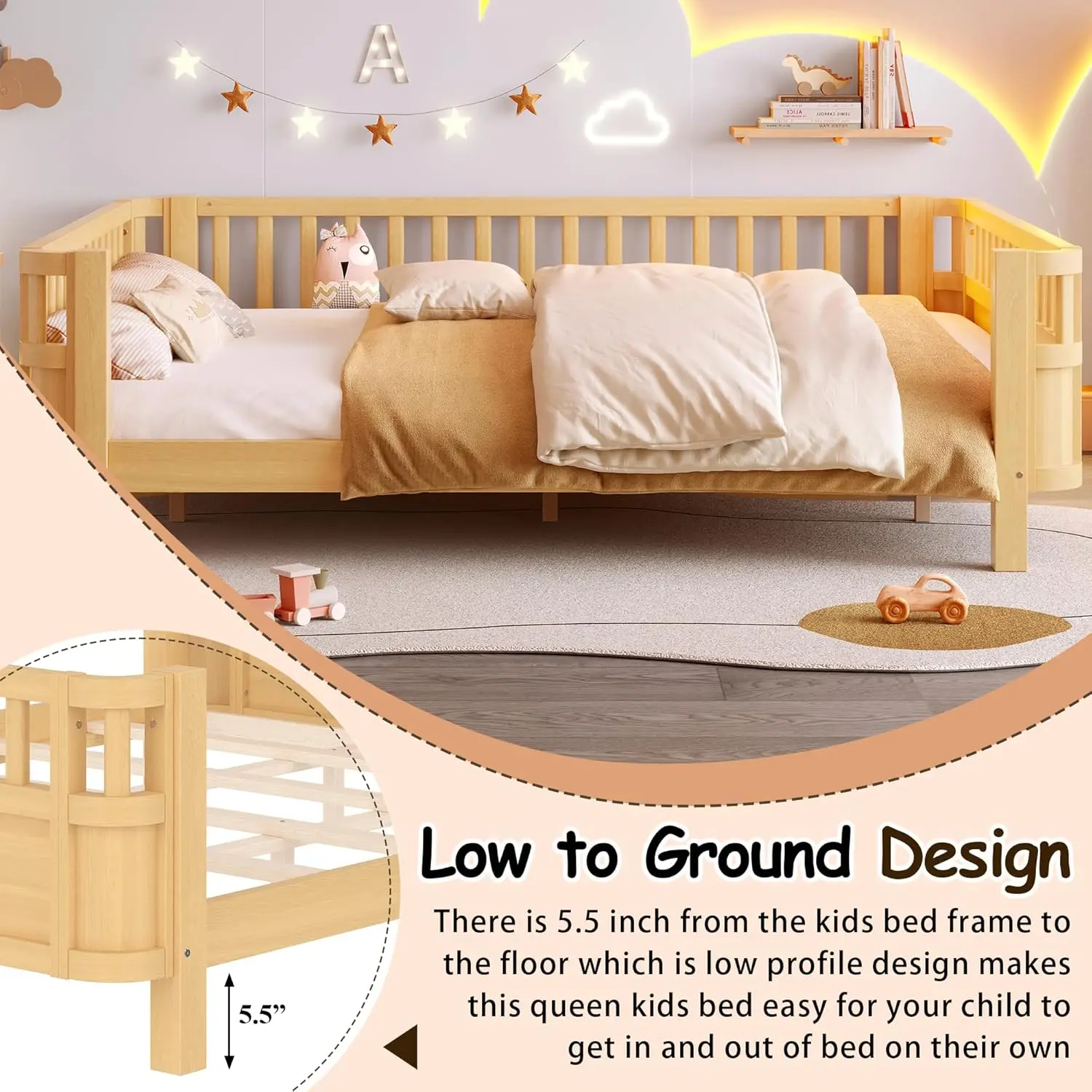 Wood Montessori Queen Bed with Detachable Fences, Kids Daybed Frame, Low Profile & Rounded Corners, Natural