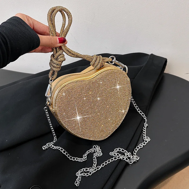 Luxury Diamonds Heart Design Handbags For Women Shiny Stone Women Shoulder Bag 2024 New Style Women\'s Bag Party Cute Purse