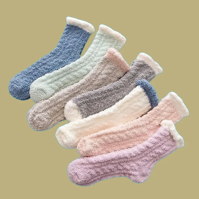 Chaussettes mi-tube en peluche pour femmes, chaussettes de sol en peluche, chaussettes en coton pour la maison, lieu de sommeil, sourire, haute qualité, automne, hiver, 3/6 paires