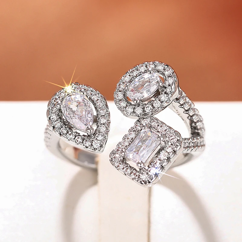 Huitan Luxus Trendy Geometrische Kubikzircon Öffnung Ringe für Frauen Silber Farbe Hochzeit Party Erklärung Schmuck Geometrische Ring