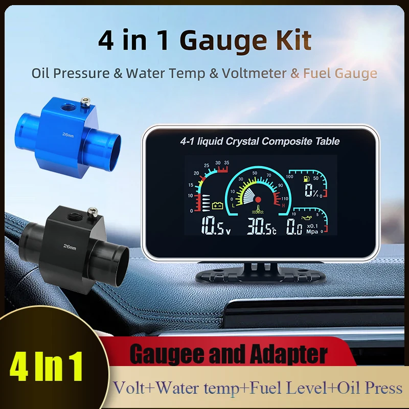 Car Voltmeter 4 IN 1 Volt Gauge Water Temp Oil Pressure Meter Fuel Level Tank Holding Tank 1/8 nptSensor with 34-40mm Adapter