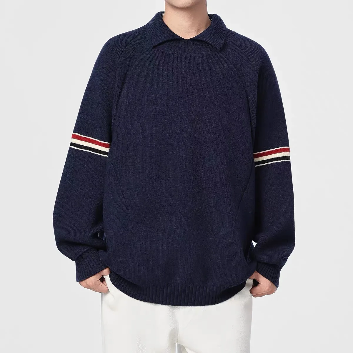 Light Luxury Retro Collar Sweater Men's Fashion Brand Color Blocked Striped Design Casual Top Winter Thick Warm Knitted Pullover