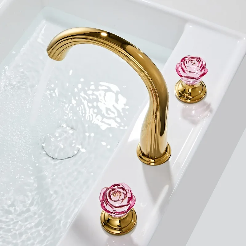 

Luxury Gold Blue Crystal Bathroom Faucet Brass Basin Faucet Sink Faucet 3 Hole Crystal Handle Hot & Cold Water Tap