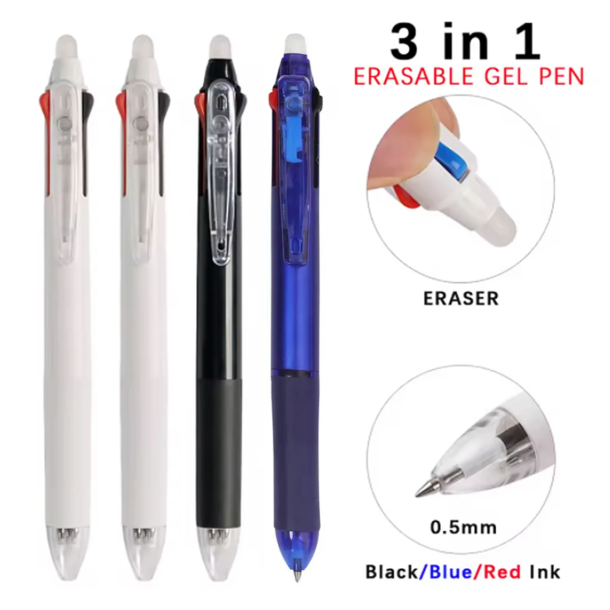 3‑in‑1 Erasable Multicolor Gel Pen Set, 0.5mm Tip Black Blue‑Red Ink, Retractable Pen, School Office Writing Stationery