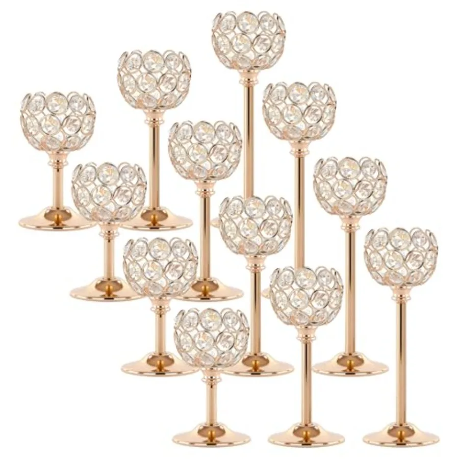 Gold Crystal Tealight Candle Holders Set of 12 4 Sets - Tall Bling Bowl Candelabra Centerpieces for Dining Table, Wedding, Part