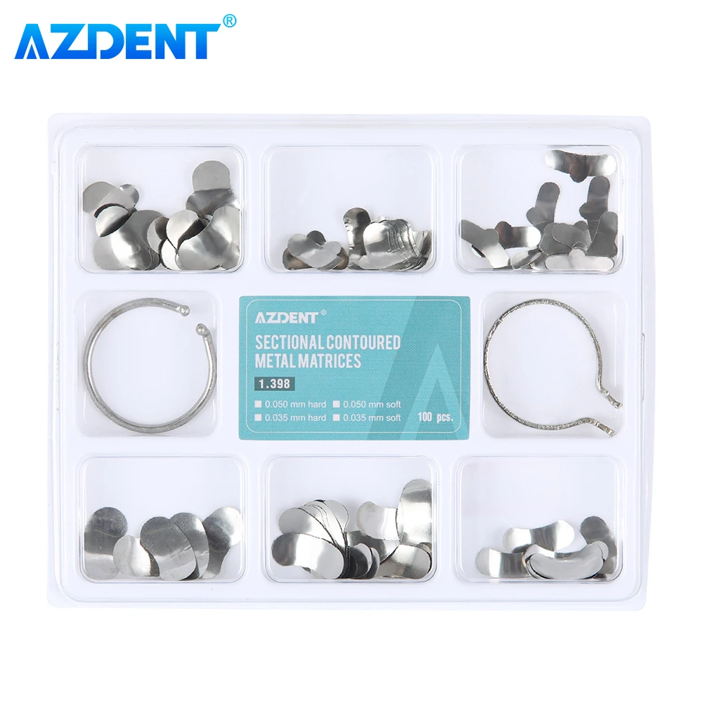 100pcs/Box Dental Matrix Sectional Contoured AZDENT Filling Molding Sheet 1.398 Metal Matrices Band Forming Clip