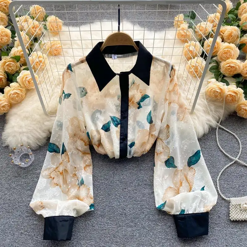 

Flower chiffon blouse female long sleeves 2023 spring and autumn new fashion lapel contrasting French unique top women's clothes