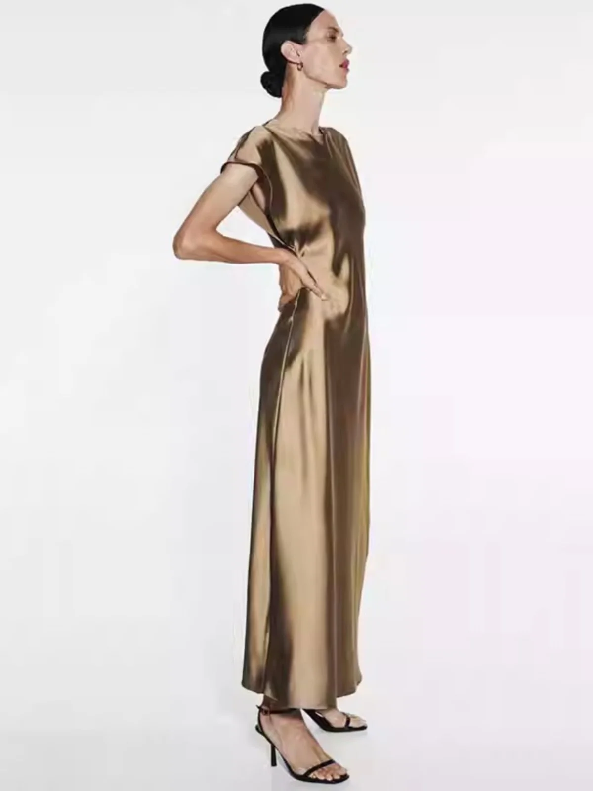 Chic décontracté soie Satin Midi Dr automne nouveau Sle femmes Faionable rue Sle rond Ne ort Sve a-ligne Dr