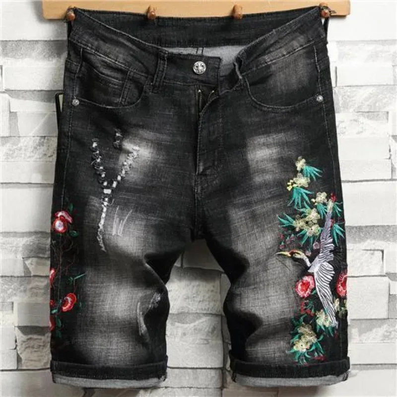 

Half Bermuda Man Denim Shorts with Pockets Skinny Slim Short Jeans Pants for Men Long Distressed Vintage Trend 2025 Xl Cowboy