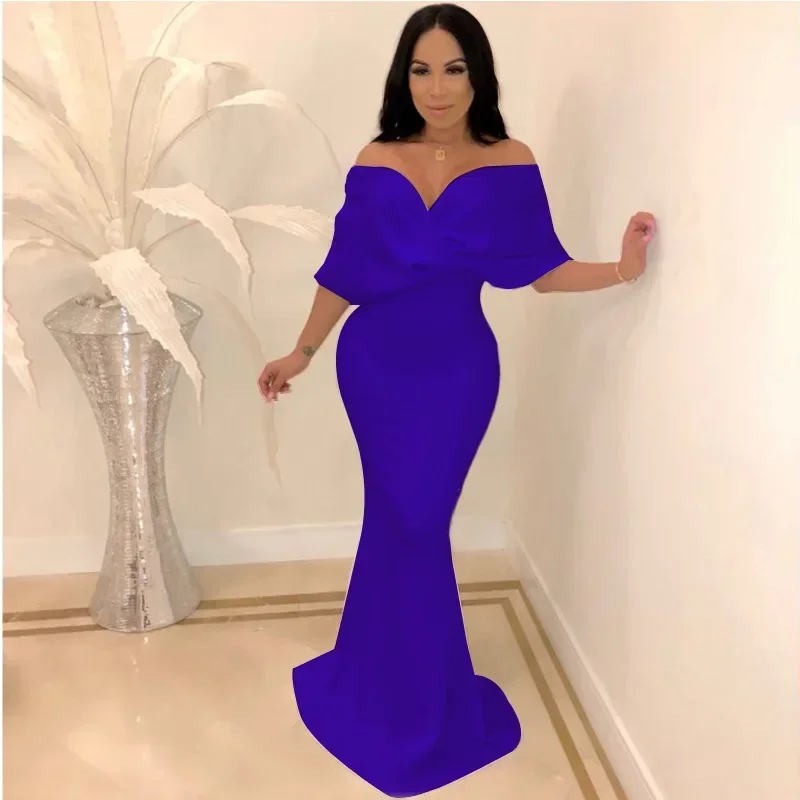 Elegant Women Off Shoulder Fishtail Dress Slim-fit Hip Wrap Maxi Long Sexy Party Evening Dress Party Prom Fashion Dress Vestidos