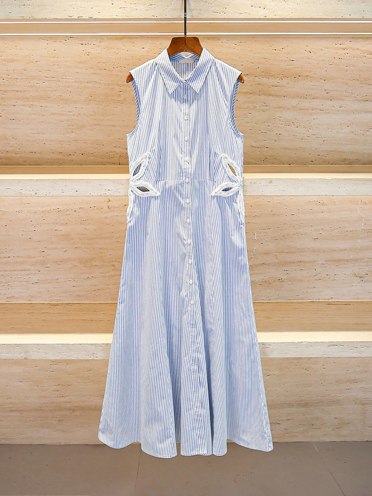 S Home Nan You Design estivo da donna di fascia alta Gilet a righe con perline scavate Dr Gonna lunga semplice a vita alta Dr